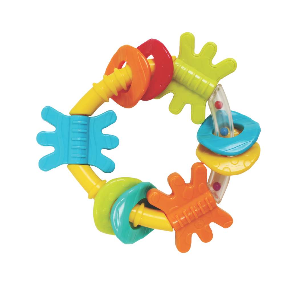 Colorful baby teething ring with multiple textures on a white background