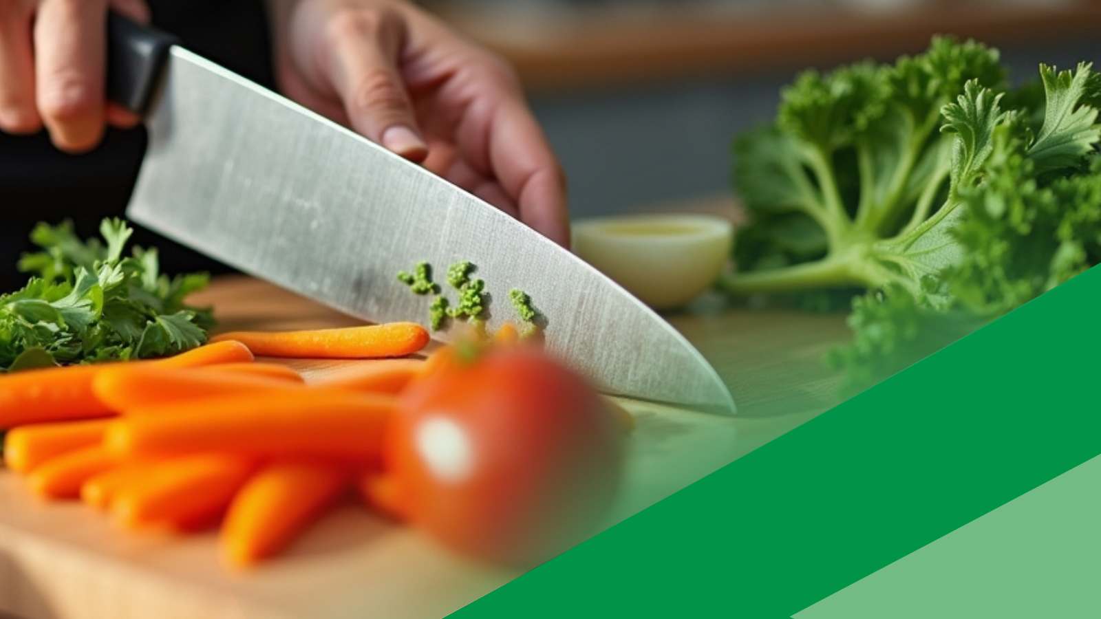 Person holding a chef's knife over a cutting board with vegetables on a wooden surface