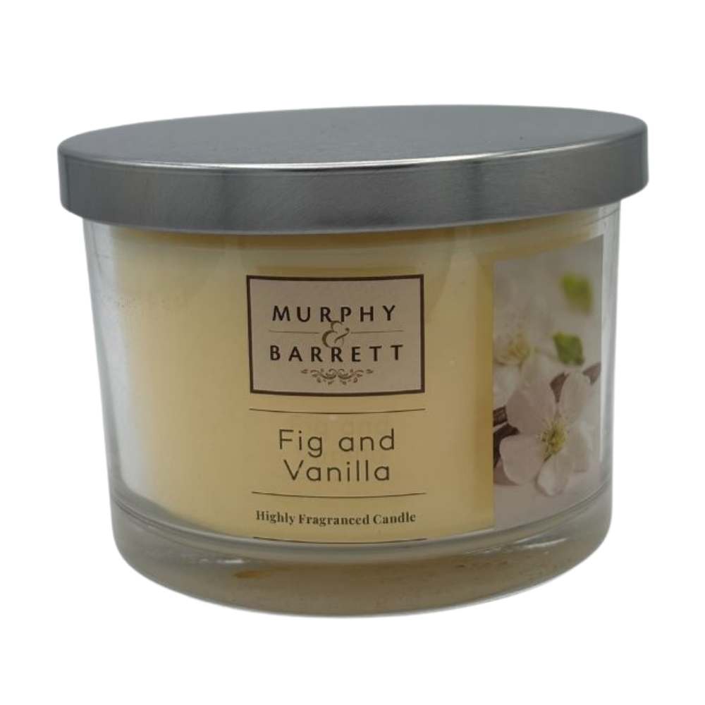 Murphy & Barrett Fig and Vanilla candle with a silver lid on a white background